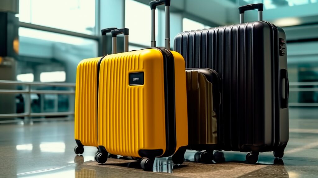 Quelques valises de couleurs jaunes et noir disposés dans un aéroport