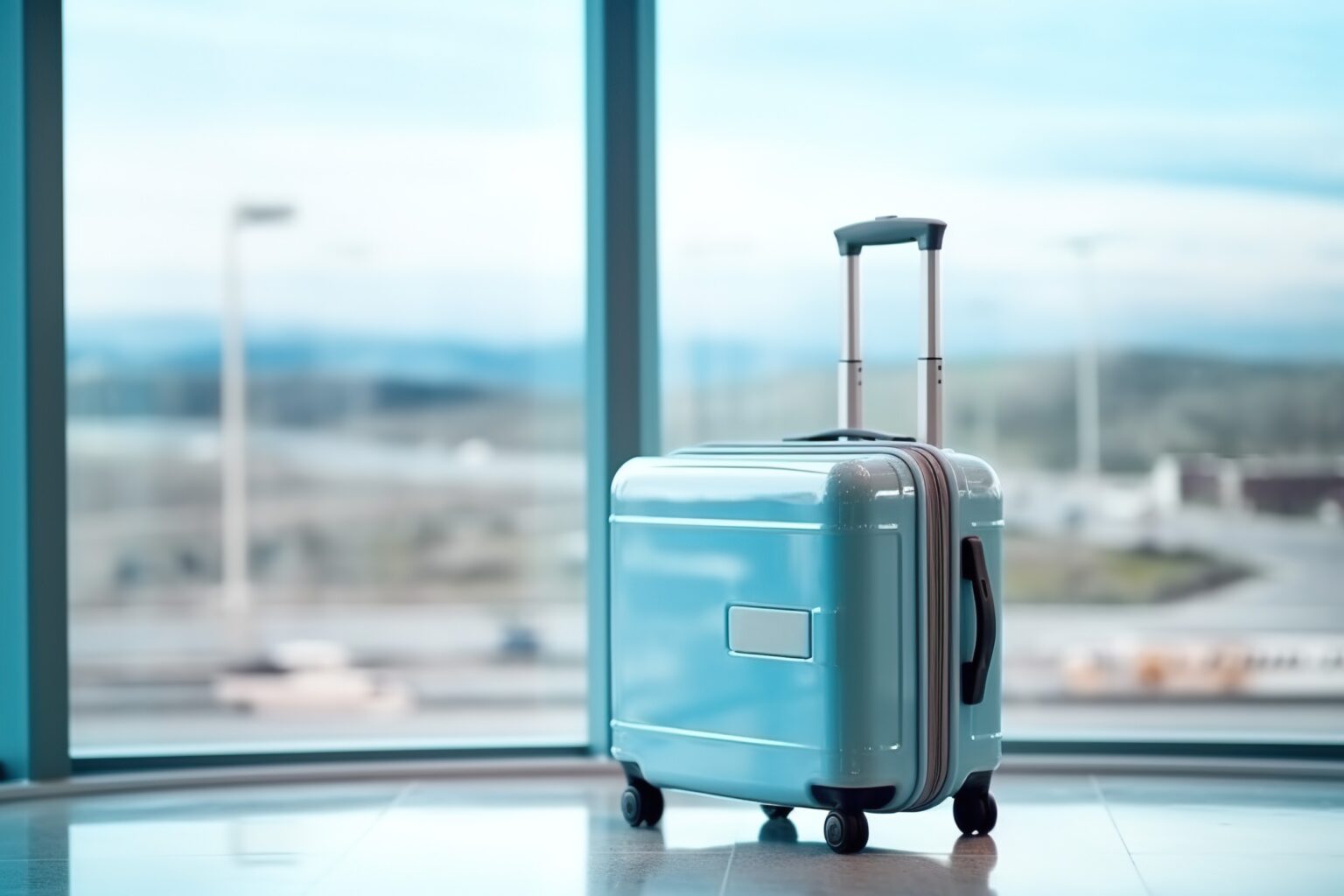 Une valise bleue à coté de la fenêtre d'un aéroport
